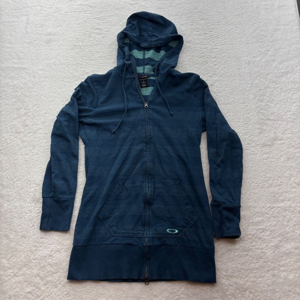 Oakley Womens Blue Striped Full Zip Longline Hoodie Sweatshirt Medium RN96548